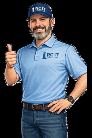 Man in RCIT Consulting branded blue polo shirt and cap giving thumbs up gesture