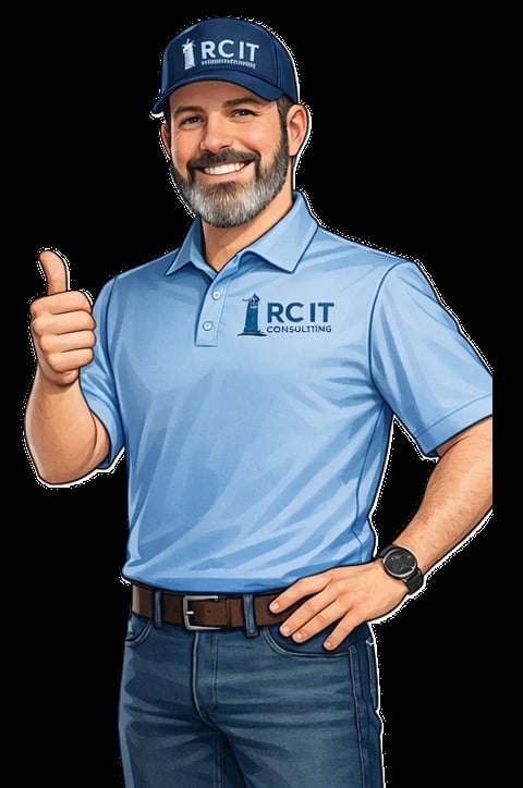 Man in RCIT Consulting branded blue polo shirt and cap giving thumbs up gesture