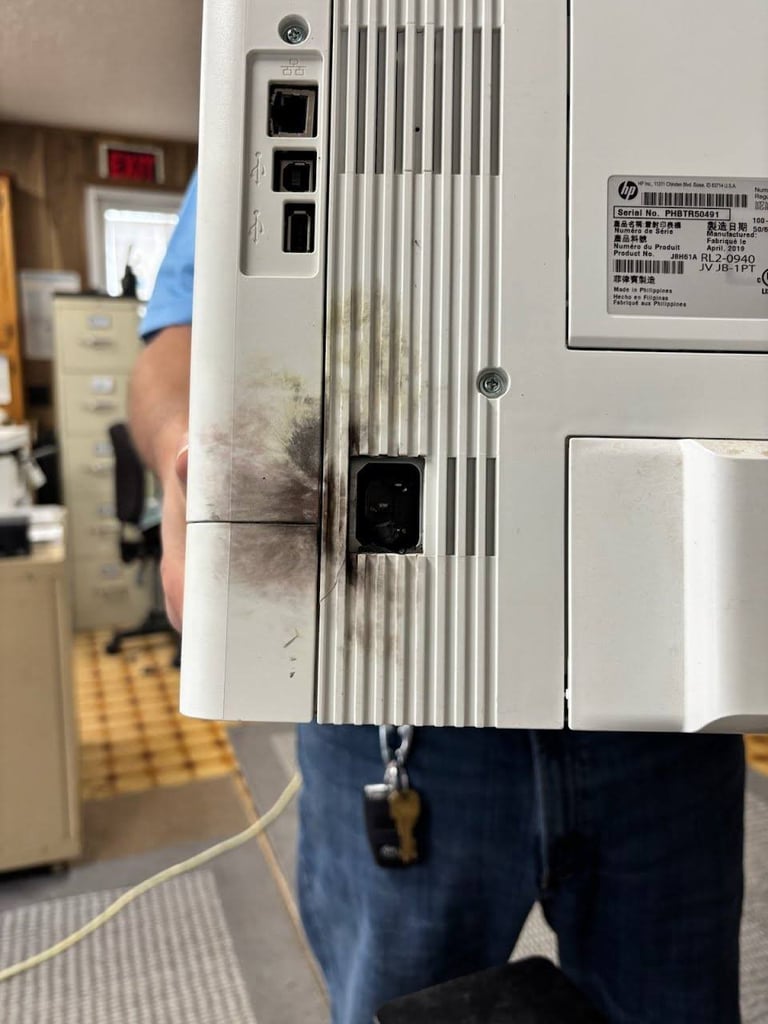 Close-up of person holding HP desktop computer tower showing rear ports and cable connections in an office setting