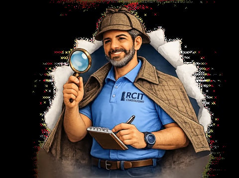 Man in blue RCH polo shirt and cap holding magnifying glass and clipboard, wearing brown vest over shoulder
