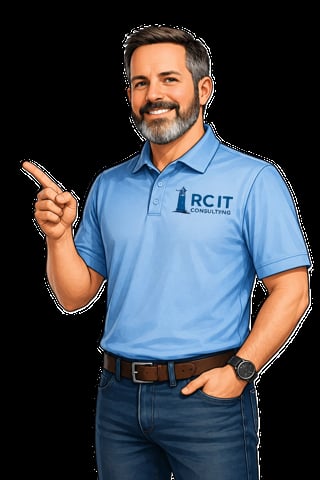 Professional man in light blue RCIT Consulting polo shirt pointing at camera, wearing jeans and watch