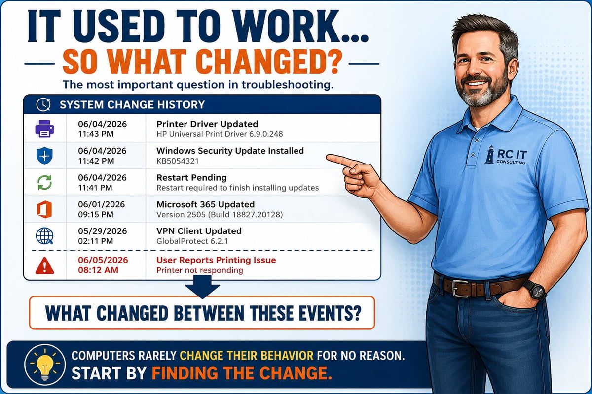 IT troubleshooting infographic showing system change history timeline with technician pointing to chart asking what changed between events