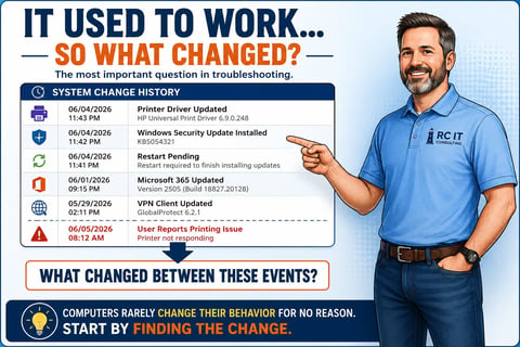 IT troubleshooting infographic showing system change history timeline with technician pointing to chart asking what changed between events